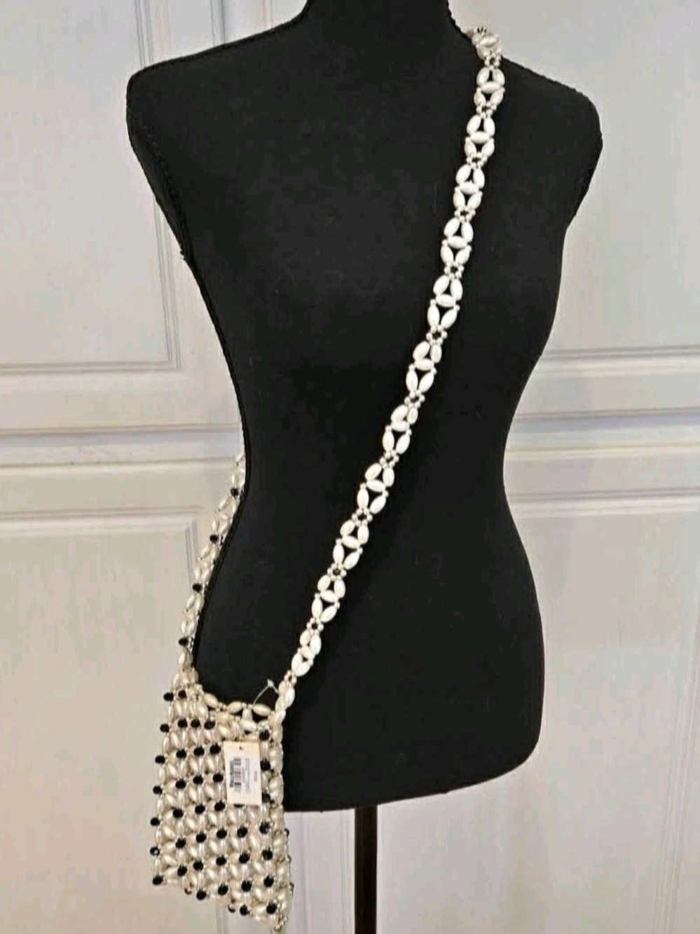NWT Cost Plus World Market Mini Faux Pearl Art Deco Crossbody Bag White Black